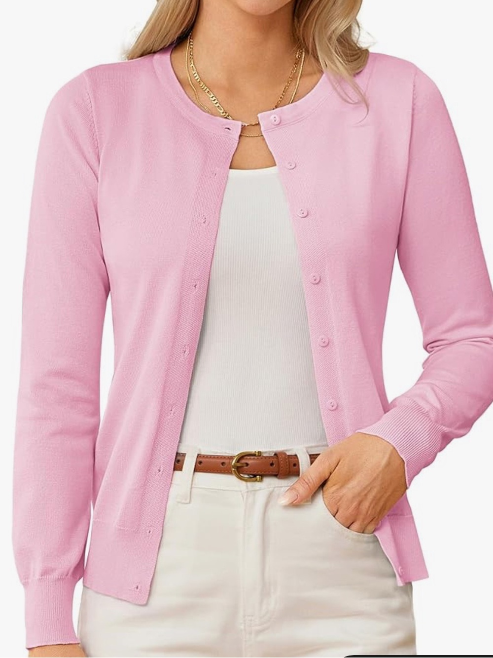 Classic Pink Crewneck Button Cardigan Sweater